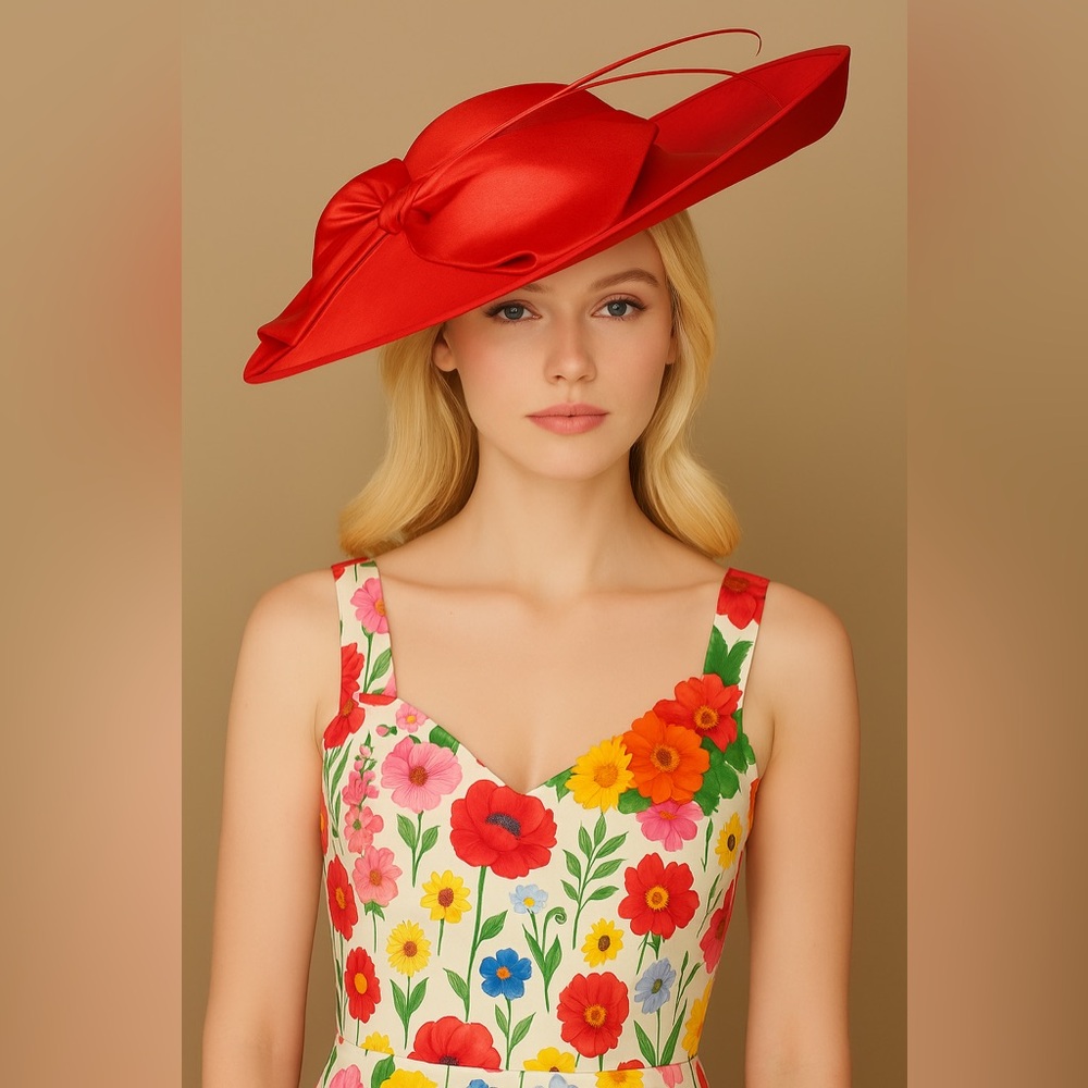 New Big Large Wide Brim Red Hat with Bow Race Day Ready Showstopper Ascot Tea
